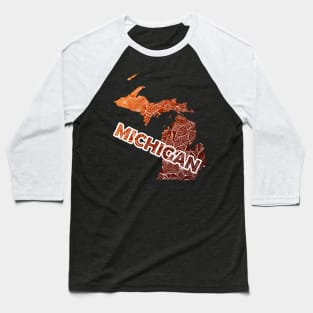 Colorful mandala art map of Michigan with text in brown and orange Baseball T-Shirt